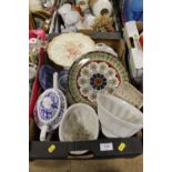 A TRAY OF CERAMICS TO INC A ROYAL DOULTON CYPRUS CABINET PLATE, JELLY MOULDS ETC