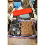 TWO TRAYS OF VINTAGE METALWARE TO INC PEWTER, SILVER PLATED FLATWARE ETC