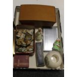 A BOX OF COLLECTABLES TO INC A MACINTYRE CANDLE HOLDER, WADE WHIMSIES, HOHNER HARMONICA ETC