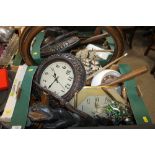 A TRAY OF ASSORTED CLOCKS, CARVED TREEN ITEMS, MIRROR, POOL CUE ETC