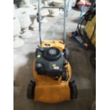 A YELLOW PETROL LAWN MOWER