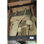 A BOX CONTAINING A SET OF WWII ERA PATTERN WEBBING, BOLT AMMUNITION POUCHES, CROSS OVER STRAPS,