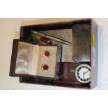 A BOX OF COLLECTABLES TO INC AN INGERSOL POCKET WATCH, BOXED DUNHILL CUFFLINKS ETC