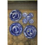 THREE OPAQUE CHINA SHAKESPEARE PLATES PLUS FIVE SMALL WEDGWOOD BLUE & WHITE DISHES