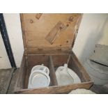 A CRATE CONTAINING BOOTS, BEDPANS & OTHERS