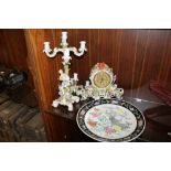 A LARGE ORIENTAL STYLE PLATE & A CERAMIC CLOCK & CANDLESTICK MANTLE SET A/F