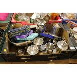 A TRAY OF SILVER PLATED METALWARE TO INC CRUETS, SUGAR CASTER, JUG ETC