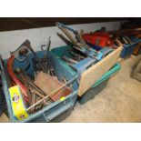 A LARGE QUANTITY OF HAND TOOLS AND PARTS TO INC SLEDGE HAMMERS, AXE, ETC. (4 BOXES)