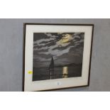 A SIGNED FRAMED & GLAZED JAMES PRIDDY PRINT 'MOONLIGHT ON THE MERE, HORNSEA, YORKSHIRE'