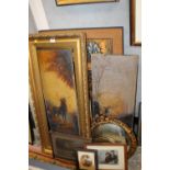 A QUANTITY OF PICTURES, PRINTS & MIRRORS, TO INC STAGS, GILT FRAMES ETC