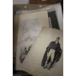 A TRAY OF ANTIQUE MAPS, ENGRAVINGS ETC