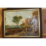 A LARGE OAK & GILT FRAMED OIL ON CANVAS DEPICTING A ROMANESQUE SCENE BY GEORGE WHITEHOUSE 1980 A/F