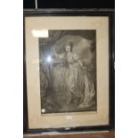 A FRAMED MEZZOTINT BEHIND GLASS - PORTRAIT OF 'MISS FARRON IN THE CHARACTER OF HERMIONE AFTER