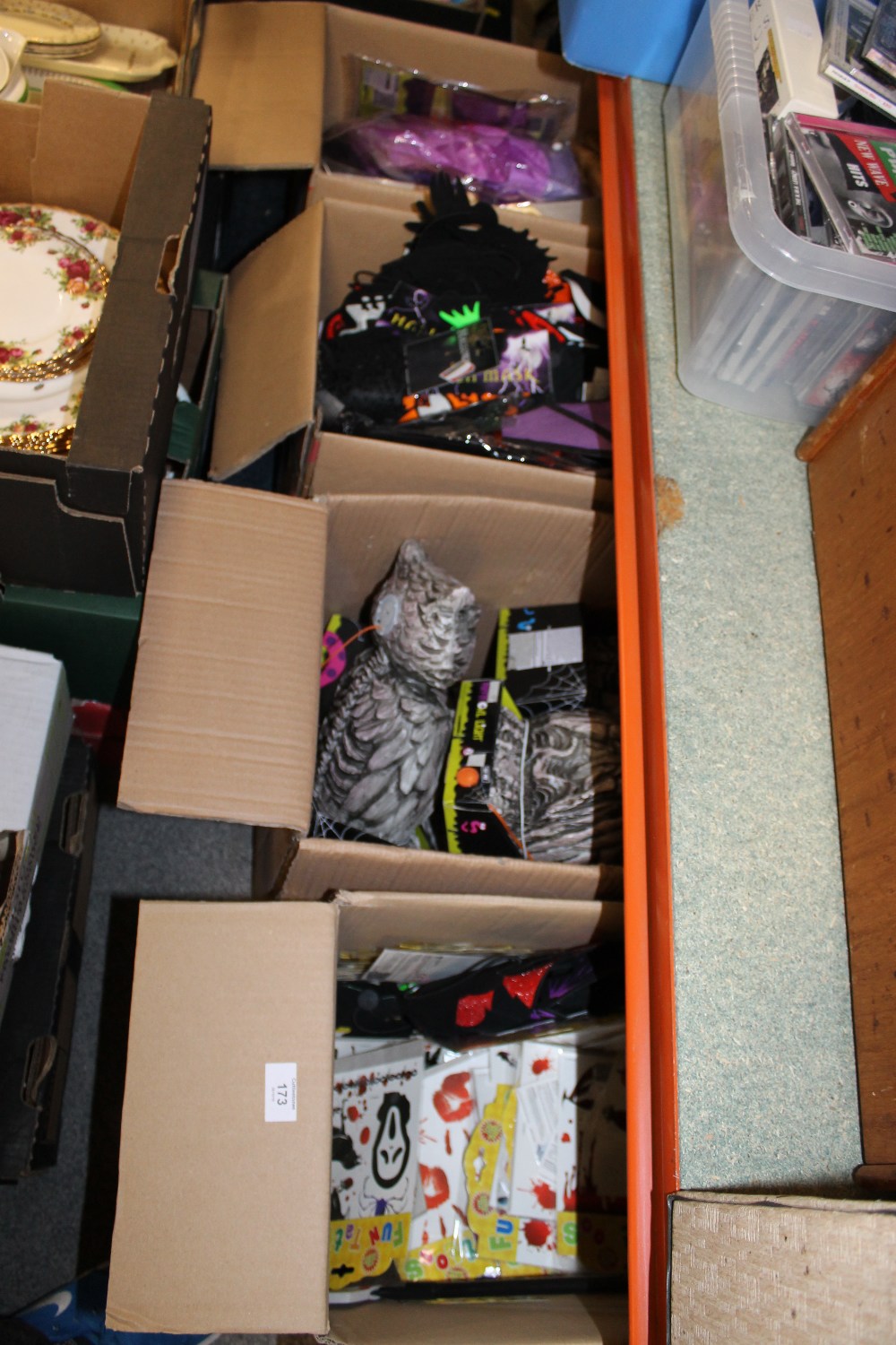 FOUR BOXES OF ASSORTED HALLOWEEN ITEMS TO INC TATTOOS, ORNAMENTS ETC