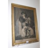 A FRAMED MEZZOTINT HAND COLOURED BEHIND GLASS - A VISIT TO THE GRANDFATHER' ENGRAVED W WARD