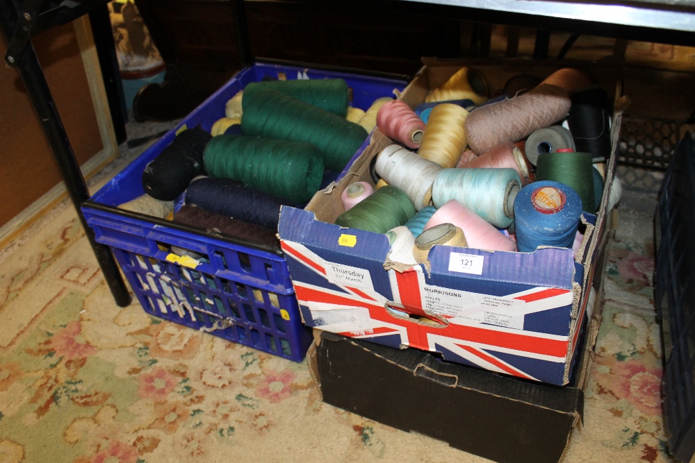 THREE TRAYS OF COTTON BOBBINS ETC