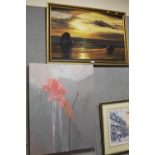 A SIGNED V BROWN OIL ON BOARD OF A SEASCAPE AT SUNSET & AN UNSIGNED OIL ON CANVAS OF FLOWERS