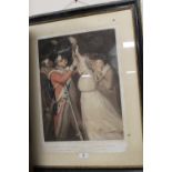 A FRAMED HAND COLOURED STIPPLE ENGRAVING BEHIND GLASS 'THE RETURN OF THE GRENADIER TO HIS WIFE &