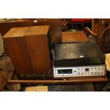 A RETRO CROWN RECORD PLAYER & SPEAKERS ON A RETRO TEAK TABLE