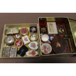 A BOX AND A TIN OF VINTAGE AND OTHER PILL BOXES, MINIATURES ETC