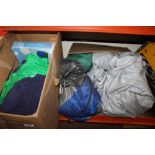 A BOX OF SEVEN INFLATABLE AIRBEDS + A BOX OF ASSORTED TENTS, POLES, PEGS