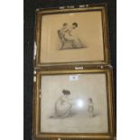 A PAIR OF FRAMED ENGRAVINGS HAND TINTED OF A MOTHER & CHILD 'FIRST STEPS IN LIFE' AND 'RIDE ON