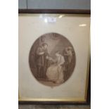 A FRAMED STIPPLE ENGRAVING IN OVAL MOUNT BEHIND GLASS - A LADY SITTING HANDING OUT MONEY AFTER
