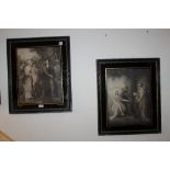 A PAIR OF FRAMED HAND COLOURED STIPPLE ENGRAVINGS BEHIND BLACK EDGED GLASS - RELIGIOUS SCENES