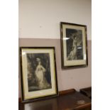A PAIR OF FRAMED MEZZOTINTS BEHIND GLASS - TWO FULL LENGTH PORTRAITS OF LADIES