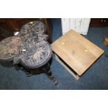 A CARVED OAK CLOVER LEAF TABLE AND A SMALLER OAK TABLE (2)