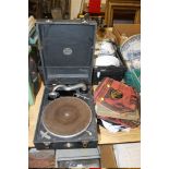 A VINTAGE 'ANTORIA GRAMAPHONE + A SELECTION OF RECORDS