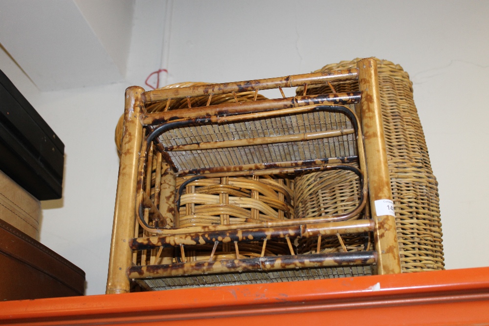 A BAMBOO MAGAZINE RACK, WICKER LIDDED LAUNDRY BASKET + ANOTHER (3)