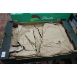 A BOX CONTAINING A RARE WW2 ERA BRITISH ARMY WINDPROOF DRAB SMOCK & TROUSERS (BOTH 1942 DATED) AS