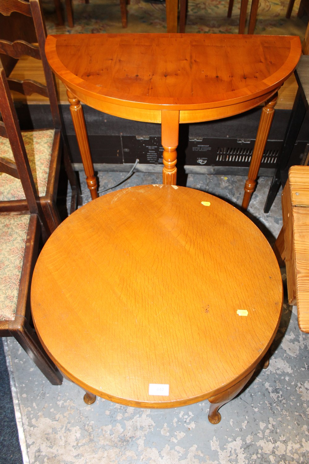 A DEMI-LUNE TABLE AND A COFFEE TABLE (2)