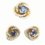 VOURAKIS Greek Jeweller A fine pair of sapphire and diamond earclips & ring ensuite 18 carat gold