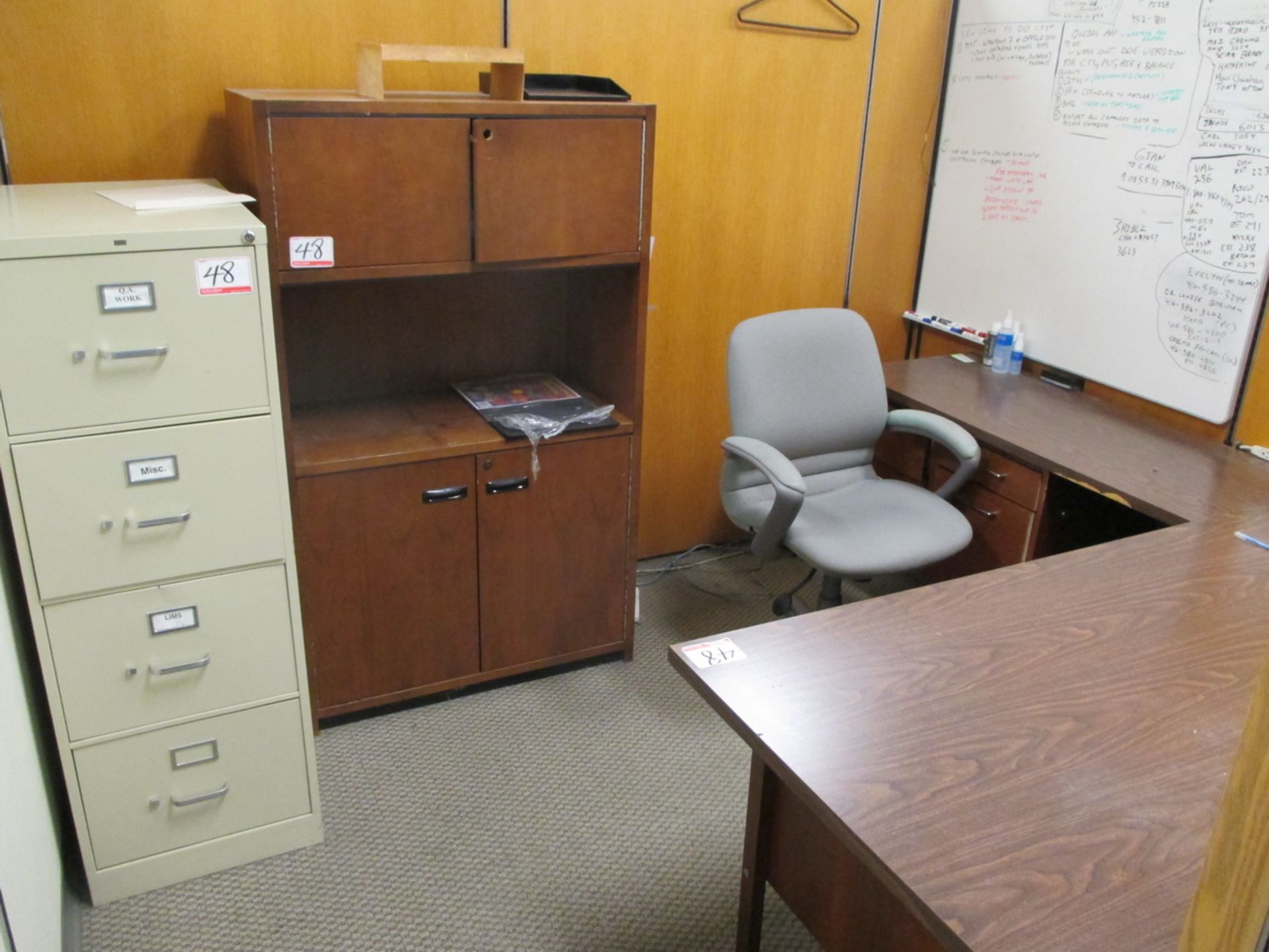 LOT - WALNUT DESK + CABINET + BEIGE 4-DOOR LEGAL FILE CABINETS + CHAIR