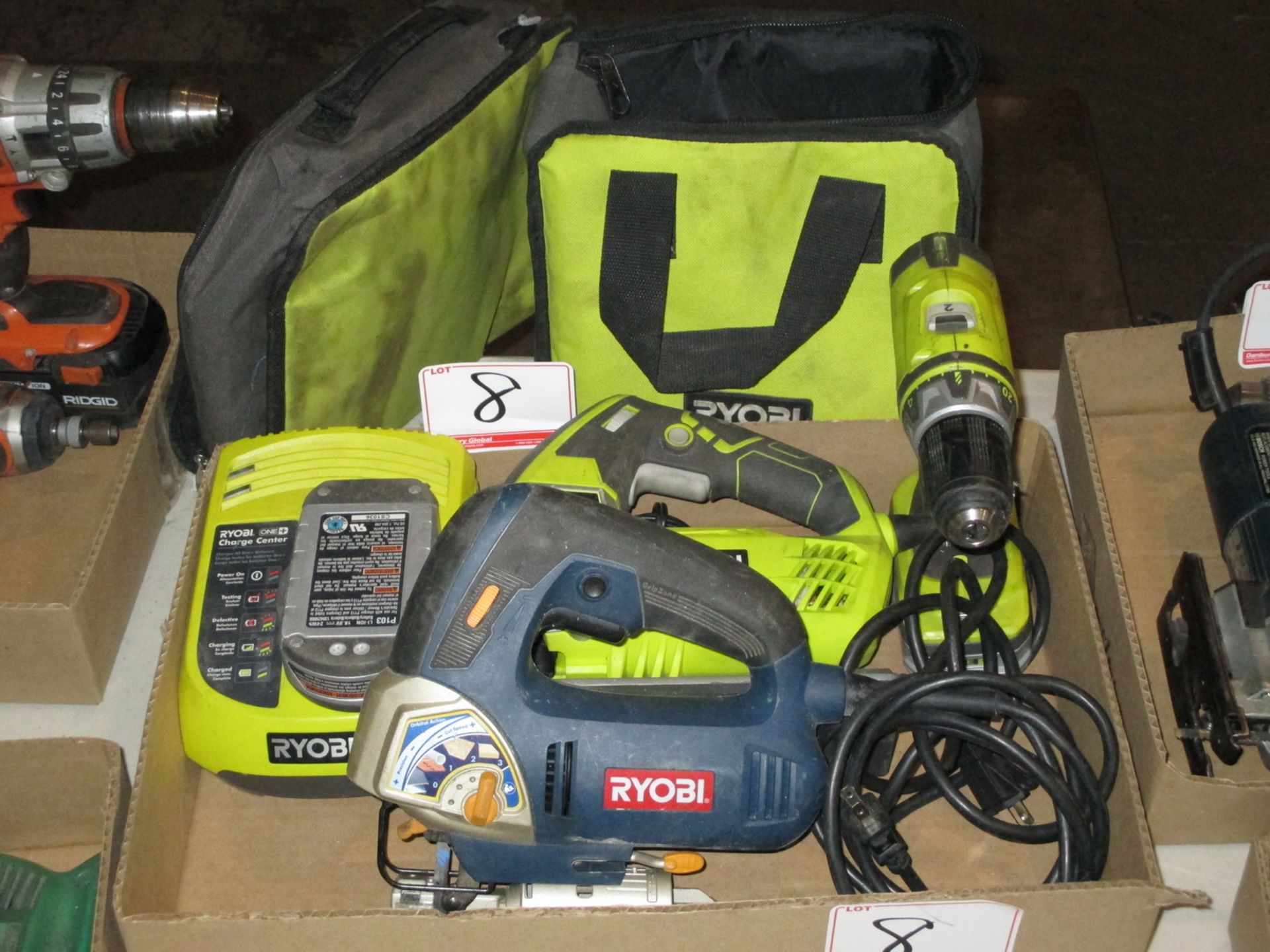 LOT - RYOBI 18V BATTERY DRILL, ELECT JIGSAWS + BAGS