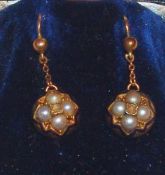Antike Ohrringe 585 Rotgold und Emaille Ohrgehänge an Kette, umlaufend blau emailliertes