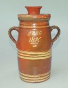 Marburger Keramik: hoher Henkeltopf, dat. 1896 terracotta-farbener Scherben grau-braun lasiert,