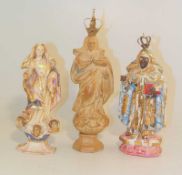 3 Madonnendarstellungen Portugal/Brasilien Holz geschnitzt, teilw. gefasst, 1 Schwarze Madonne sowie