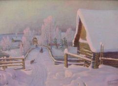 Abendsonne im schneebedecktem Dorf Öl auf Akademiebord, "T. Ko….", rechts unten sign., 38x59cm,