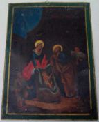 Heilige Familie im Stall, Bez. Kreta 1856 Öl auf Weissblech, Bereibungen, rückseitig bez: Kritos
