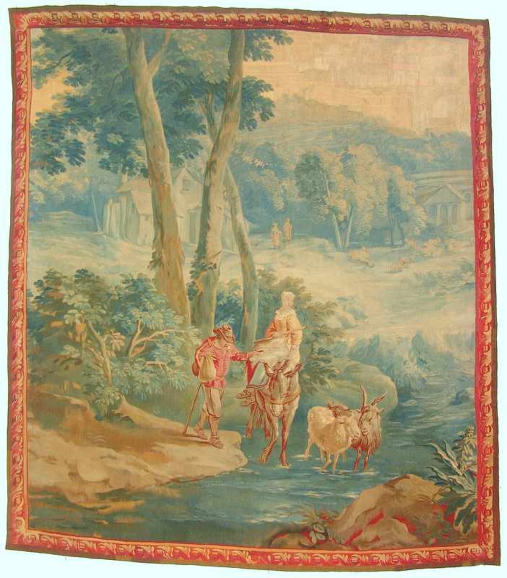 Tapisserie/Gobelin Brüssel ca. um 1700 Bauernehepaar auf dem Weg zum Mark, zahlreiche Wanderer in