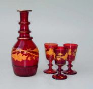 Likör-Set, Spätbiedermeier um 1850 farblosesw Glas, rot rubiniert mit Emailmalerei, partiell