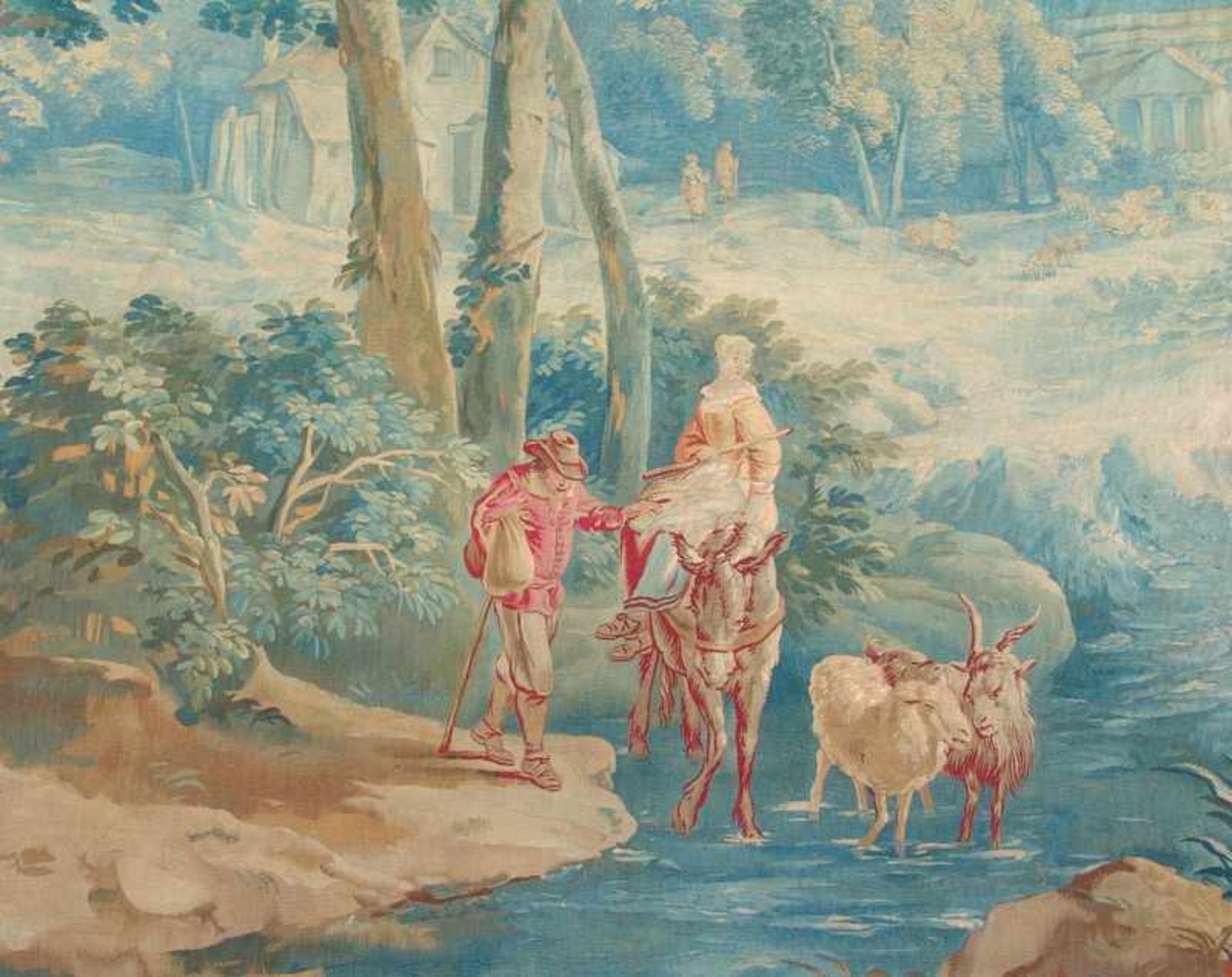 Tapisserie/Gobelin Brüssel ca. um 1700 Bauernehepaar auf dem Weg zum Mark, zahlreiche Wanderer in - Bild 2 aus 3