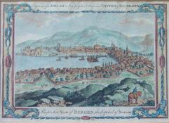 Thornton: View of Bergen, the Capitel of Norway, 18.Jhd. Kupferstich auf Bütten, alt coloriert,
