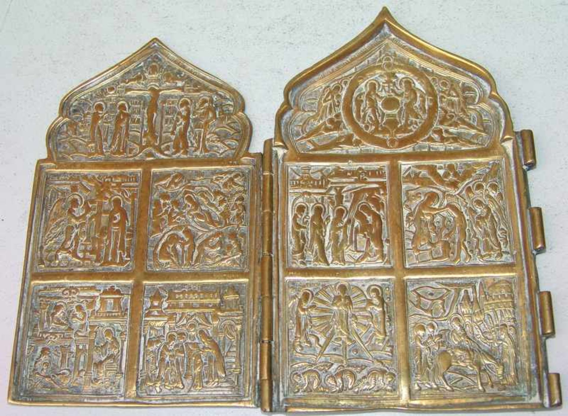 russische Reiseikone, Ende 19.Jhd. Bronze, fragmentarische Reiseikone mit reliefierten