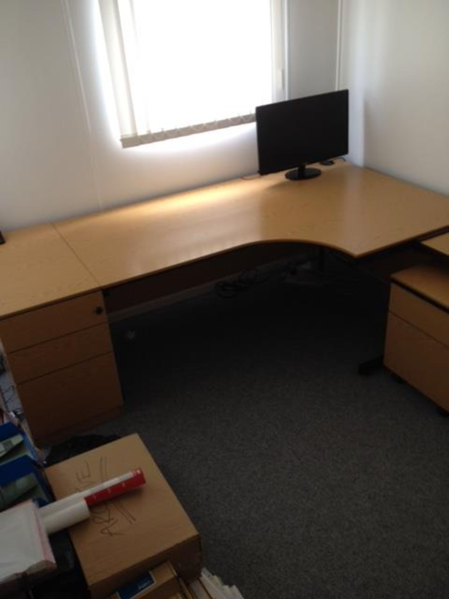 Woodgrain veneer curve front corner desk with matching roll under two drawer pedestal and separate