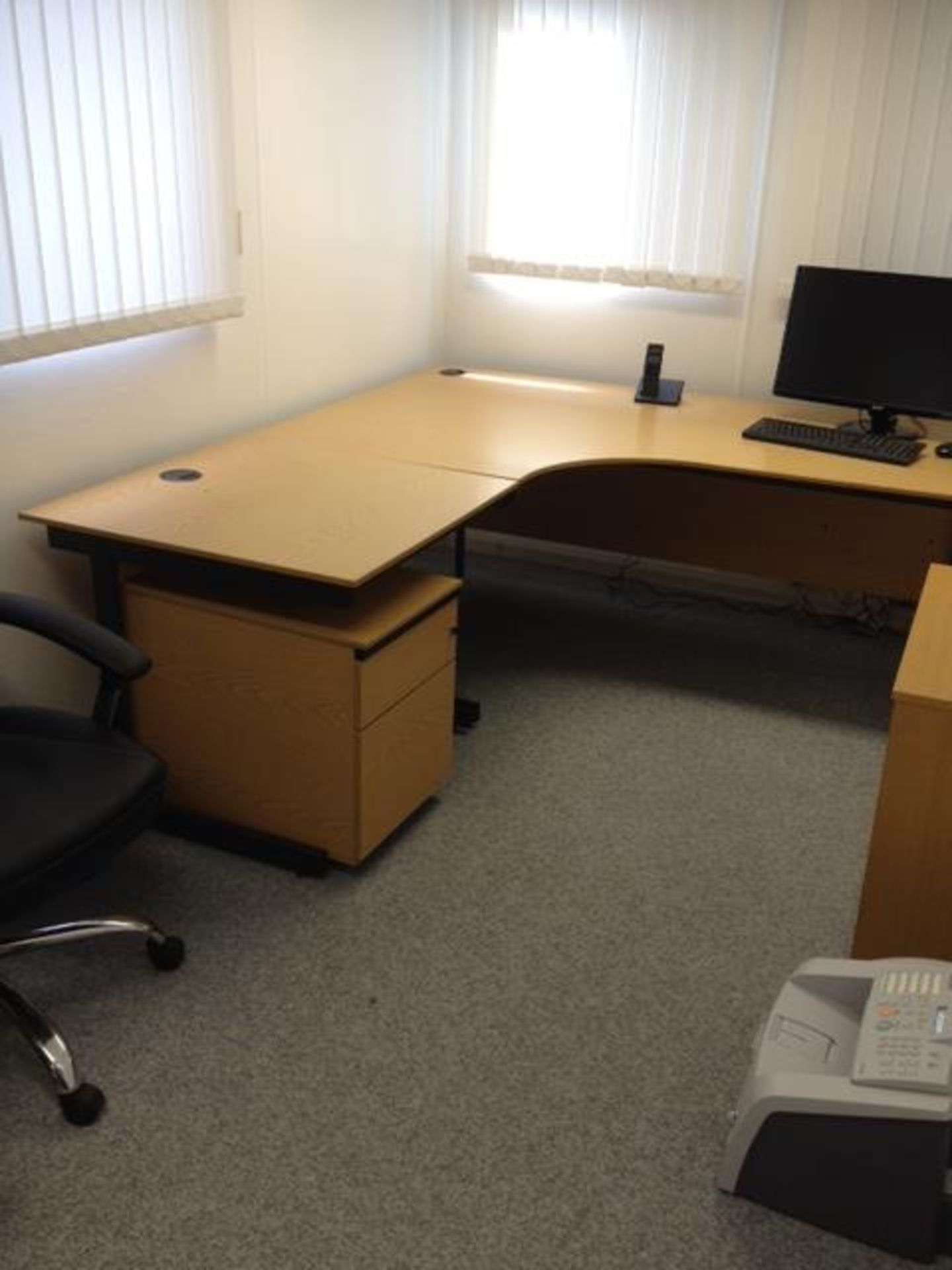 Woodgrain veneer curve front corner desk with matching printer return section and roll under two