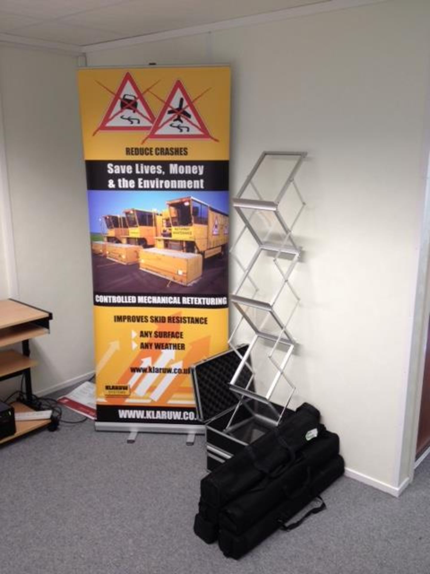 Five pull up roller exhibition display stands and two aluminium frame collapsible leaflet display